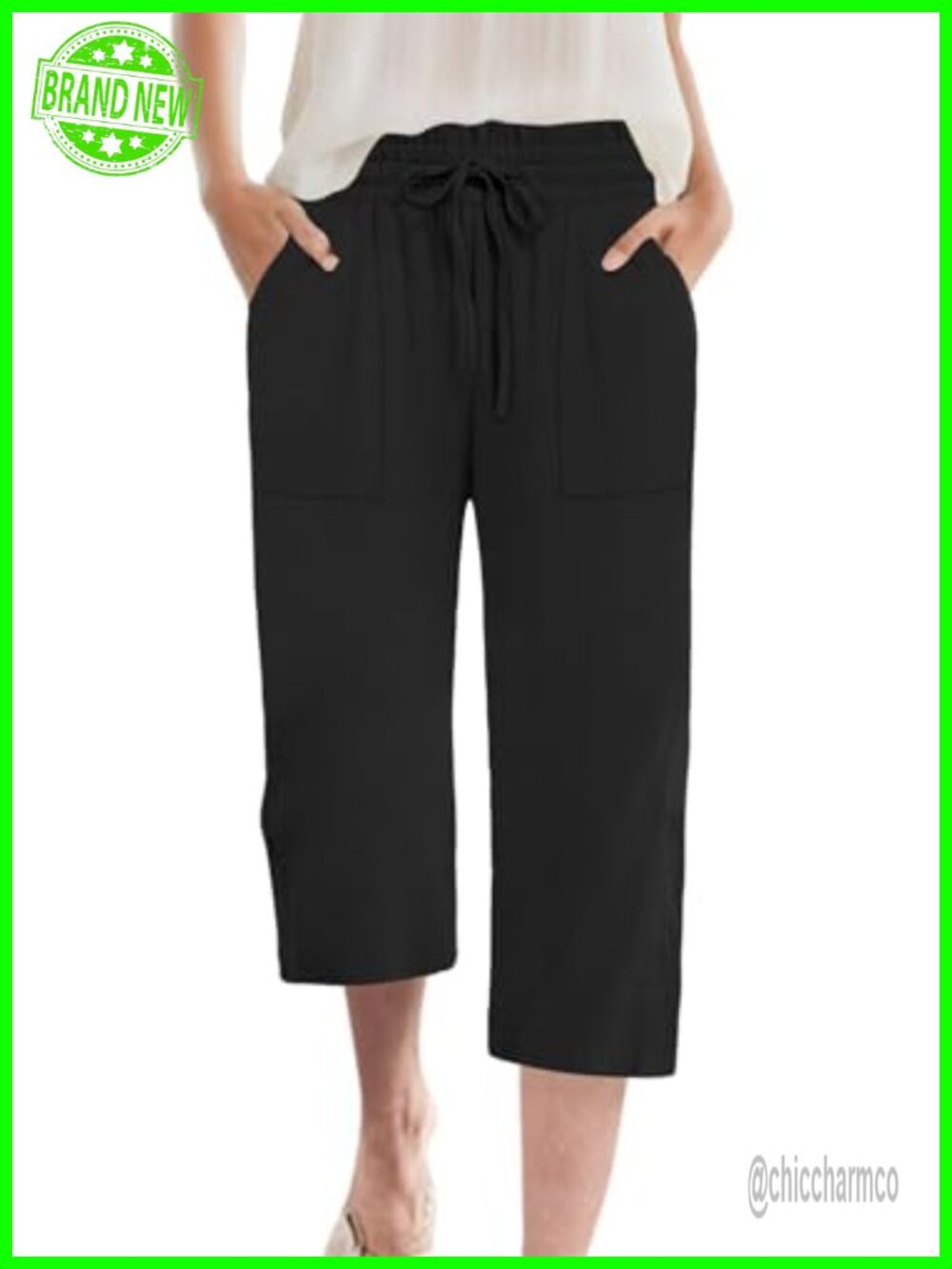 Womens Capri Pants Chiffon Wide Leg High Waist Drawstring Trousers with Pockets